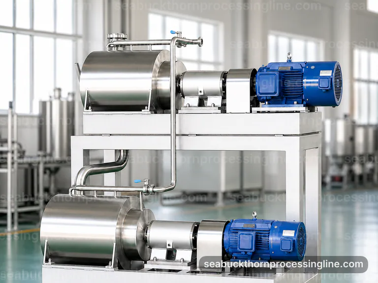 industrial sea buckthorn juice line, applied process engineering: crushing with seed and skin separation section connection view