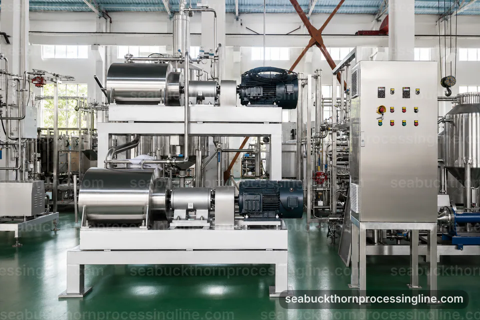 industrial sea buckthorn juice line, process sequence: crushing with seed and skin separation section operating stage