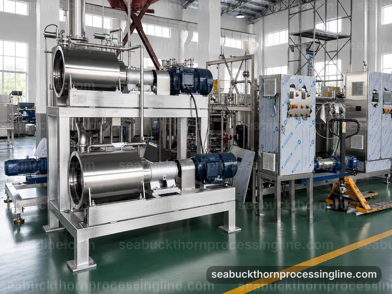 industrial sea buckthorn juice line, operating principle: crushing with seed and skin separation section connection view