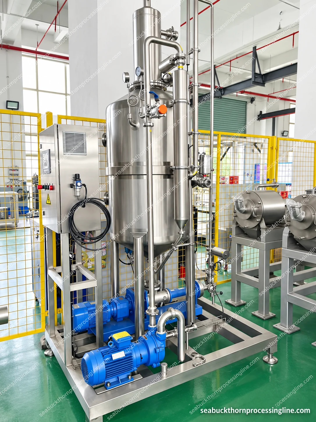 Vertical vacuum deaeration vessel with upper condenser structure, sight glasses, pumps and a control cabinet