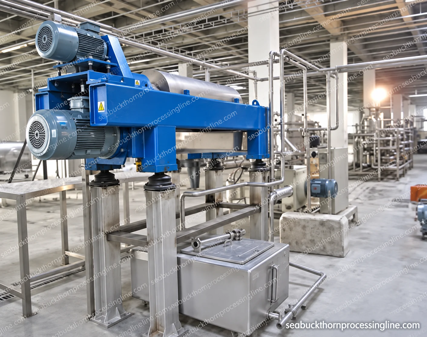 Horizontal enclosed decanter with blue drive housing and raised support legs