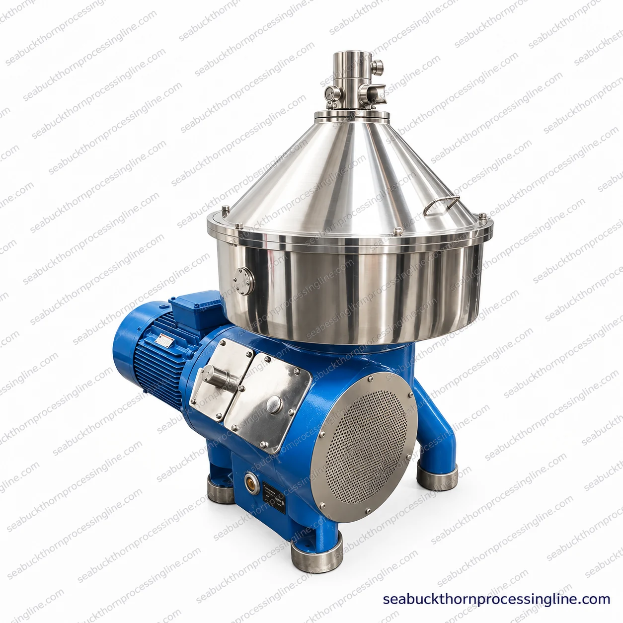 Disc separator with a stainless conical bowl enclosure on a blue drive base