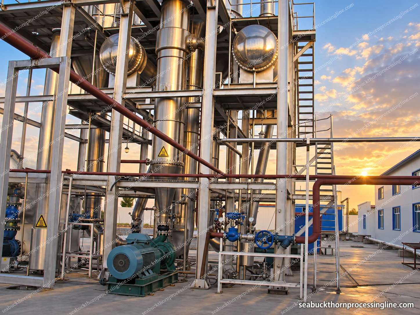 Tall industrial evaporation vessels and tubular bodies with pumps and an access platform