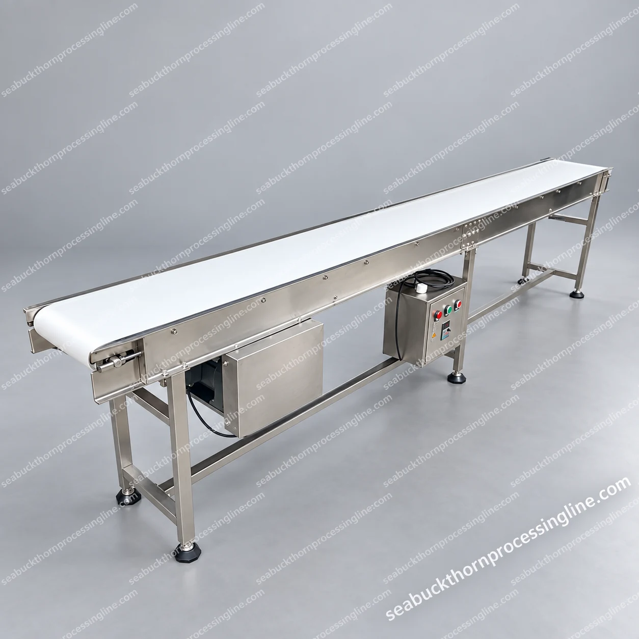 Long smooth white belt with side rails, support legs and a local control box