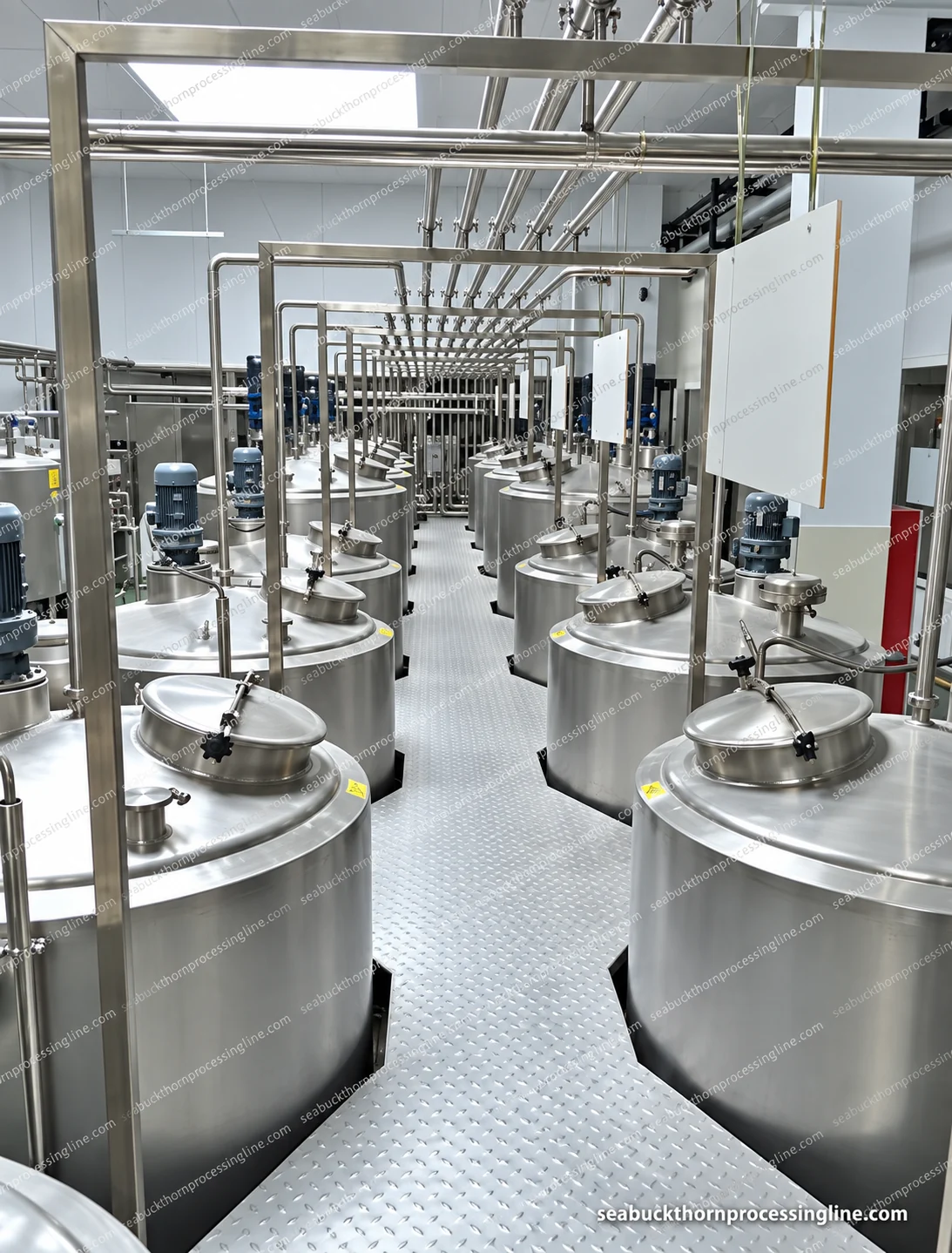 Rows of closed process vessels with top drives and shared overhead piping